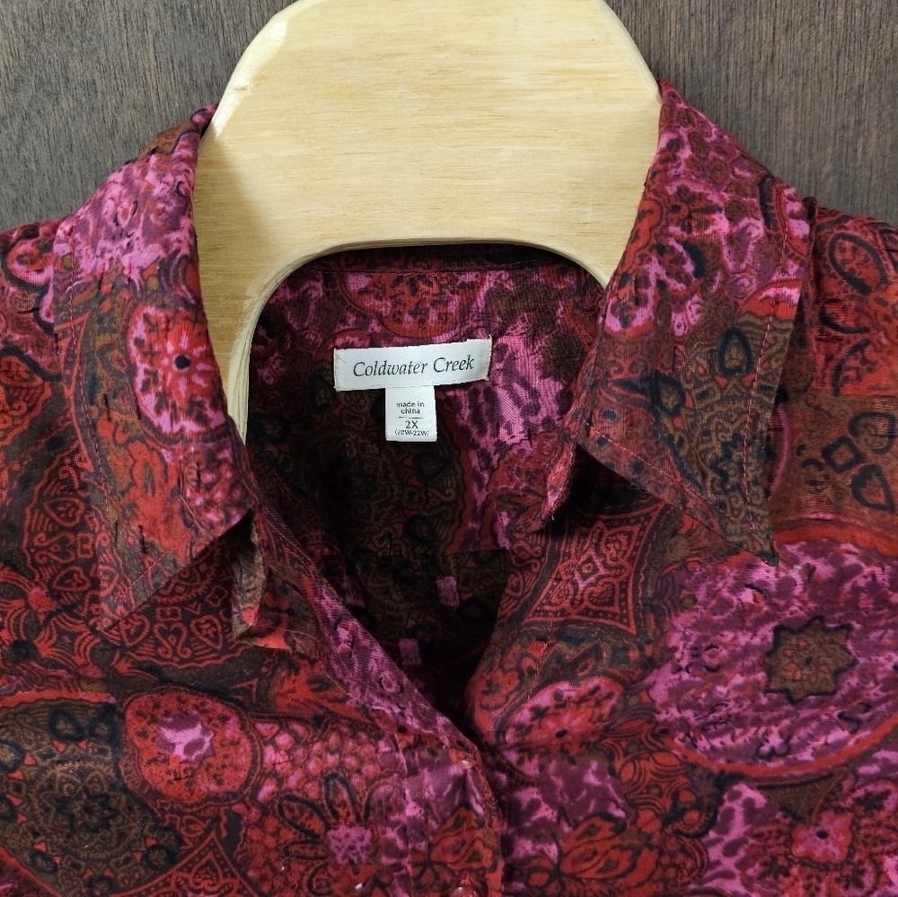 Plus Size Vintage Coldwater Creek boho sheer paisley Button Down Shirt Red 2X - Picture 4 of 8